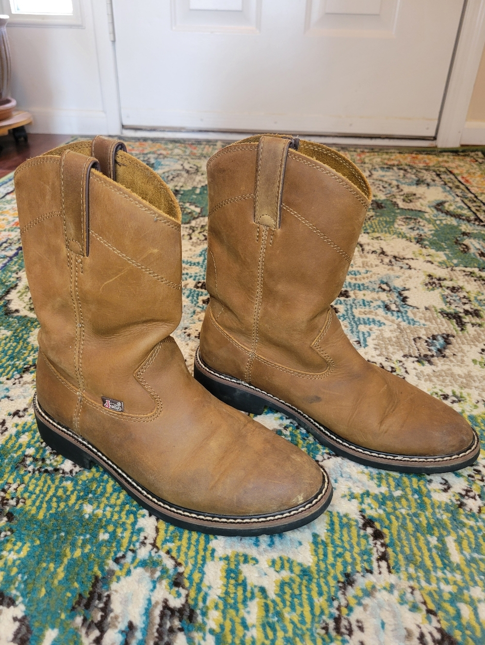 Justing Almond Toe Leather Mid Calf Western Cowboy Boots, Size 5 Youth